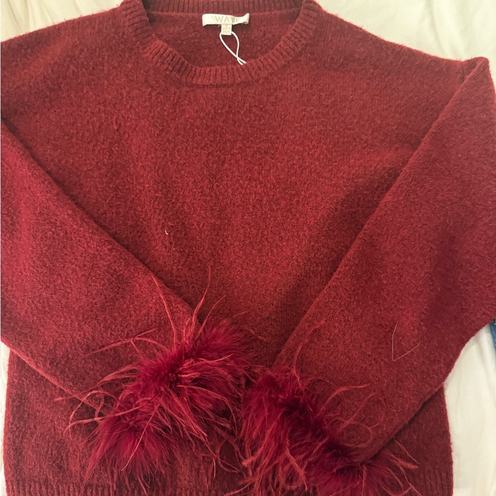 Red Sweater with Feather Cuffs
